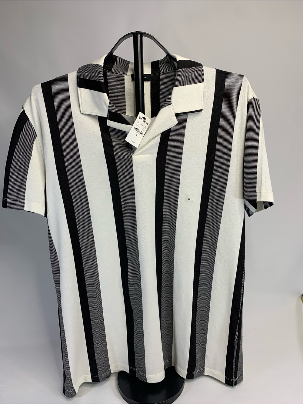 Express Men's Polo Shirt - Black, White & Gray Vertical Stripes